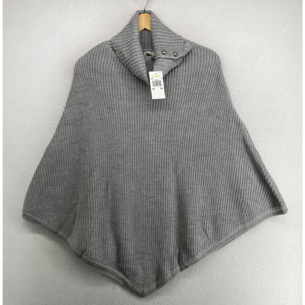 MICHAEL KORS Sweater OS Ribbed Poncho Oversized Turtleneck Asymmetric Gray NEW - Picture 1 of 11